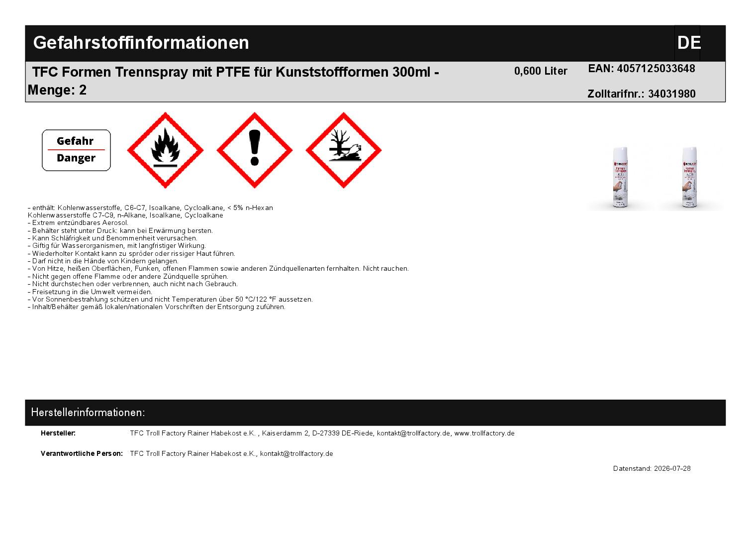 TFC Formen Trennspray mit PTFE für Kunststoffformen 300ml