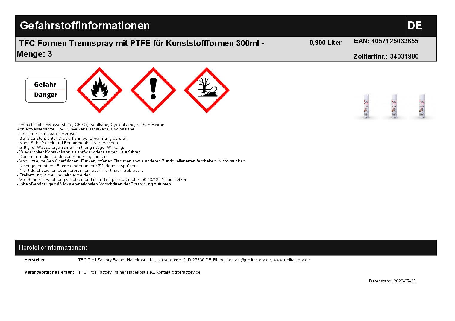 TFC Formen Trennspray mit PTFE für Kunststoffformen 300ml